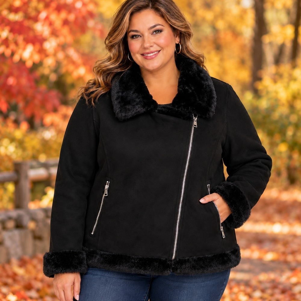 Banana Republic Black Faux Fur Suede Jacket Women's 2XL Plus Biker Gorpcore Chic
